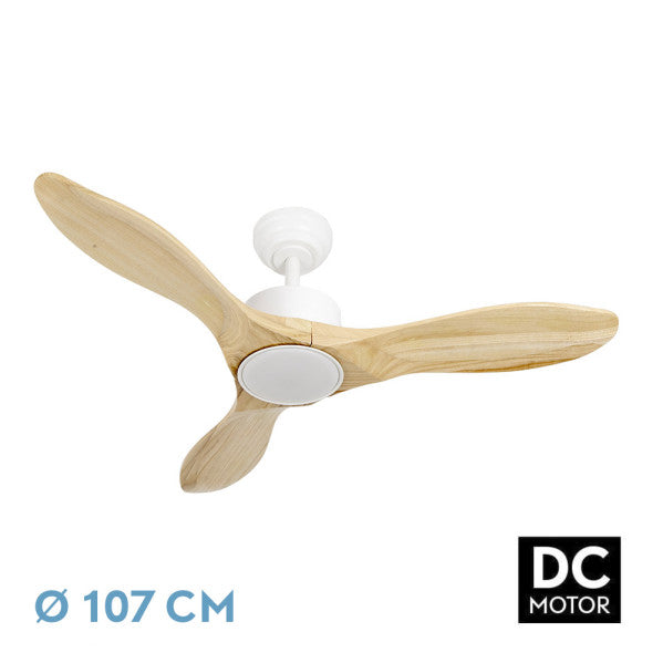Alt Text: Ventilador de techo DC Segre 24W en color blanco haya, proveniente de la marca Abrila, modelo 209191368. Este ventilador está equipado con un motor DC de ahorro energético, cuenta con control remoto y luce un LED integrado, perfecto para interiores domésticos.