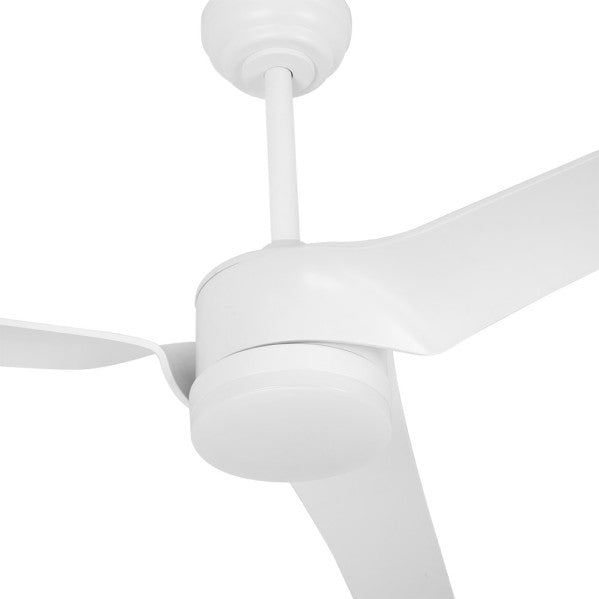 `alt=Ventilador de techo Montijo 24W Blanco de 132cm con luz LED regulable, 6 velocidades, control remoto y temporizador, ideal para interiores domésticos`