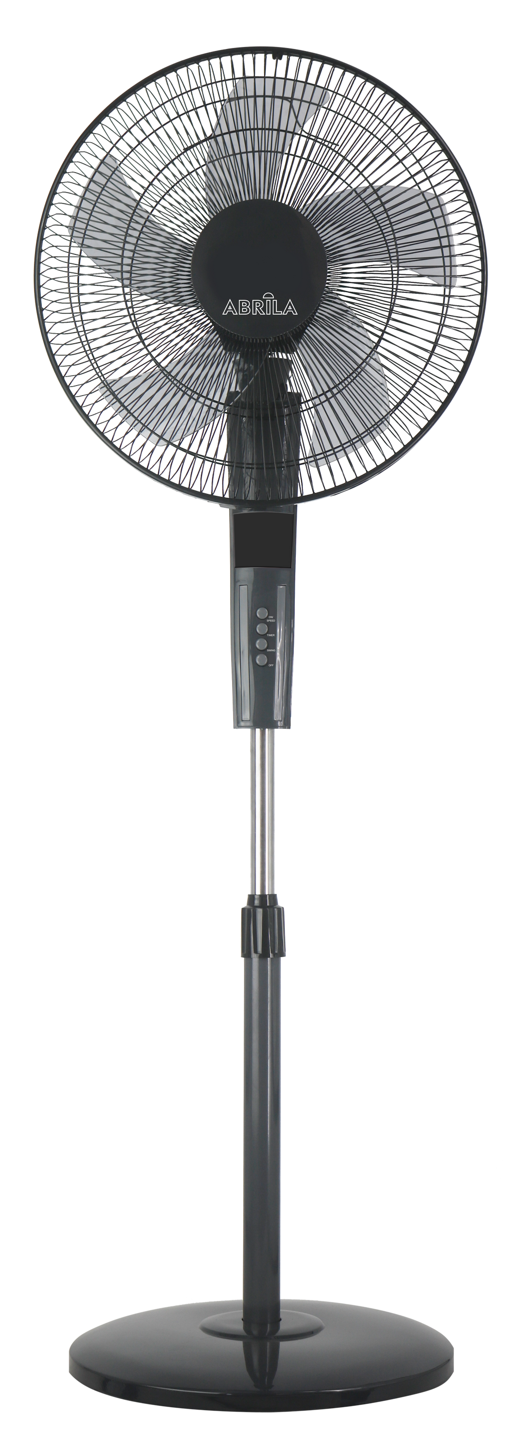 Rayo ventilador de pie gris/negro Abrila modelo 209841028 con control remoto, temperatura regulable y temporizador, ideal para uso doméstico interior.

---