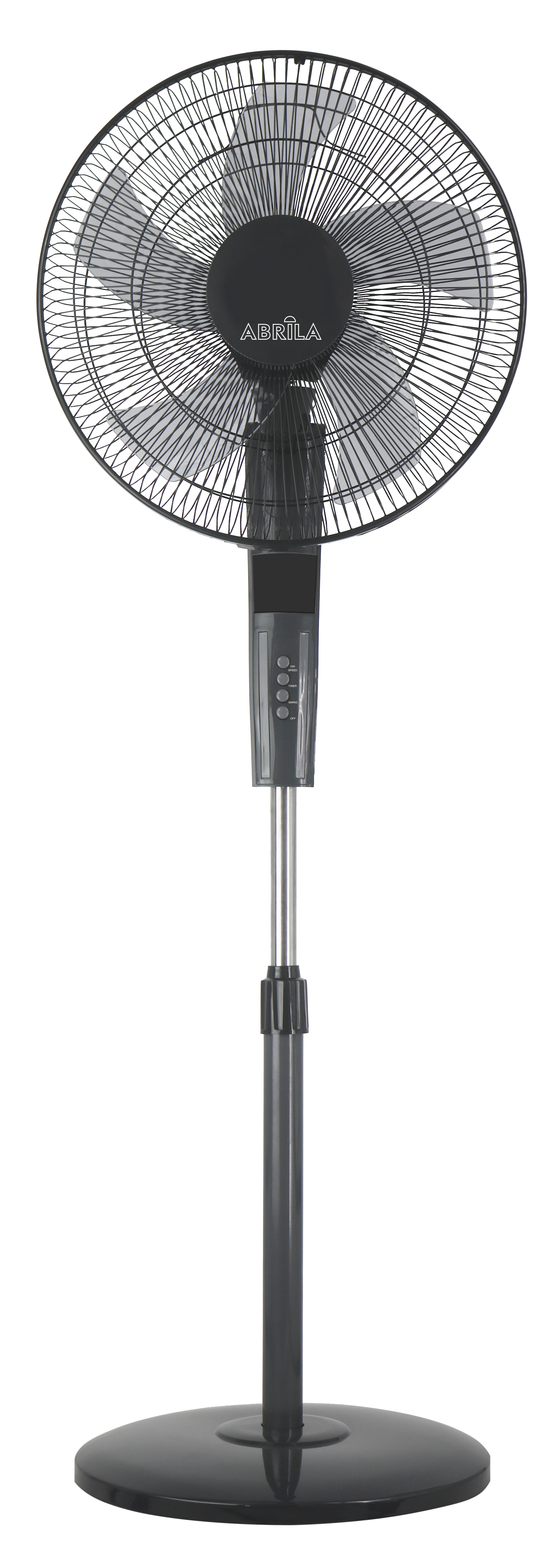 Rayo ventilador de pie gris/negro Abrila modelo 209841028 con control remoto, temperatura regulable y temporizador, ideal para uso doméstico interior.

---