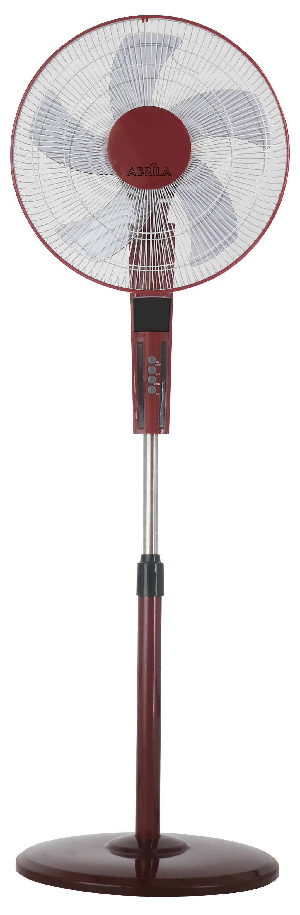 Alt Image: Ventilador de pie Rayo Burdeos y Negro de Abrila, modelo 209841030, 60W. Ideal para interiores domésticos, con mando a distancia y temporizador. Fabricado en metal y policarbonato.
Número de palabras: 24