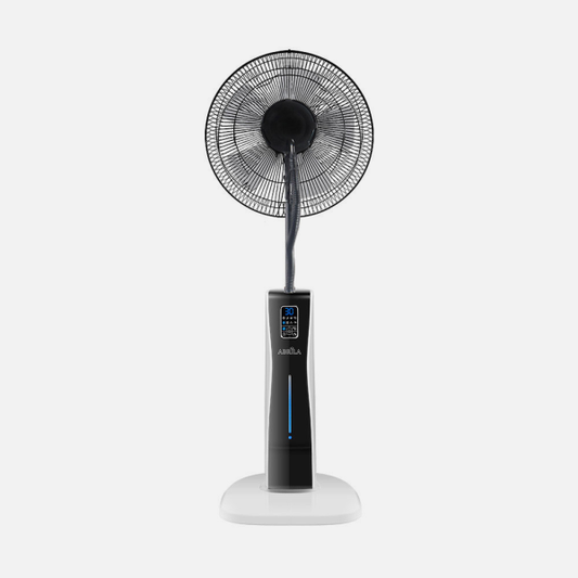 alt=Ventilador de pie blanco y negro Corvo Nebulizador Abrila Modelo 210241026 - Ventilador oscilante con temporizador para uso doméstico interior y aire acondicionado.