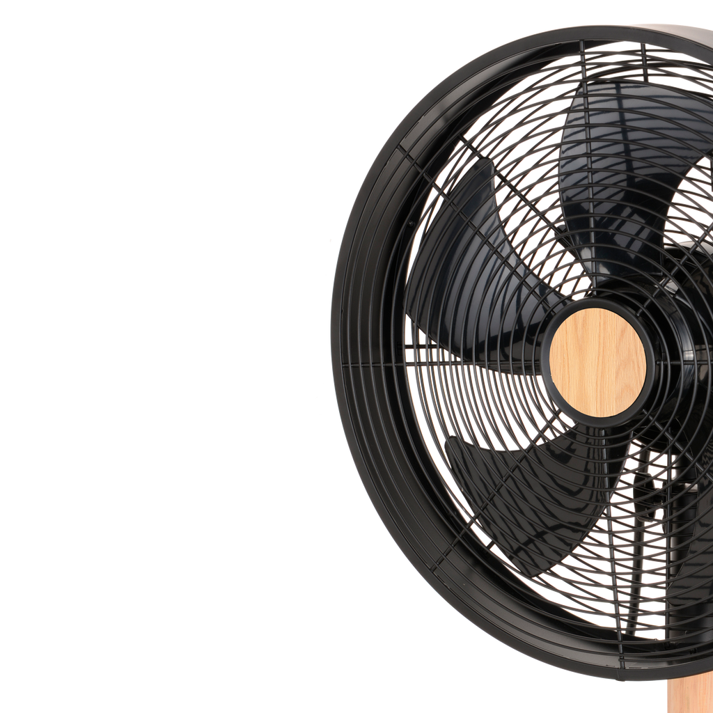 Ventilador Sobremesa Falcon Negro/Haya Oscilante Rotatorio 45W de Abrila, Modelo AI2, para Interior Doméstico, Fabricado en Metal y ABS.