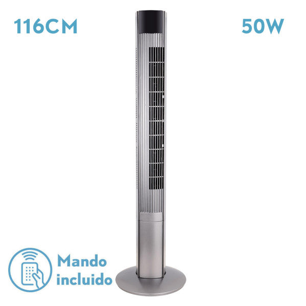 `alt=Ventilador Torre Príncipe Plata 50W de Abvila, oscilante y con mando remoto, diseño metal ABS, modelo 211071010`