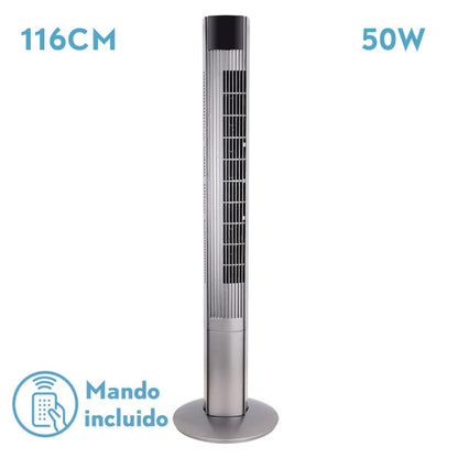 `alt=Ventilador Torre Príncipe Plata 50W de Abvila, oscilante y con mando remoto, diseño metal ABS, modelo 211071010`