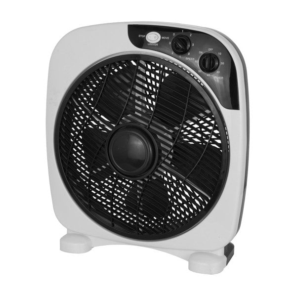 Ventilador Sobremesa Borja 45W en colores blanco y negro de la marca Abrila modelo 211171026, con tres velocidades, temporizador y policarbonato, ideal para uso doméstico en interiores.
