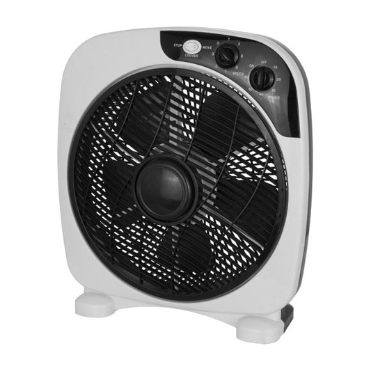 Ventilador Sobremesa Borja 45W en colores blanco y negro de la marca Abrila modelo 211171026, con tres velocidades, temporizador y policarbonato, ideal para uso doméstico en interiores.
