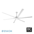 alt= Ventilador de techo Almanzor 24W en color blanco con un diámetro de 214 cm, modelo 211791601 de la marca Abrila. Este ventilador cuenta con un motor DC, integrado en metal de aluminio, altamente eficiente. Perfecto para espacios interiores domésticos, ofrece funciones como temporizador y control remoto para un uso conveniente. Además, incluye iluminación LED integrada para un ambiente acogedor.