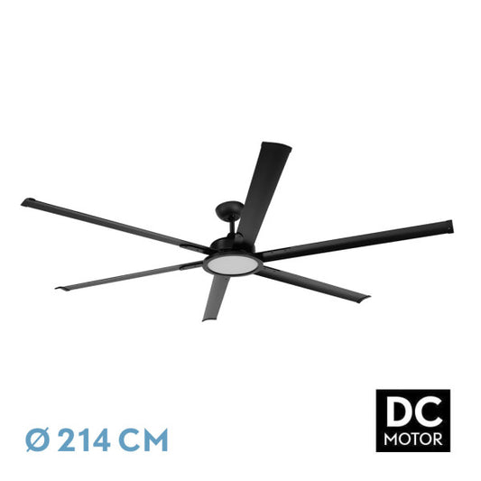 Ventilador de techo DC Almanzor negro de 6 aspas con LED integrado, 24W de potencia, 6 velocidades y mando a distancia, modelo Abrila 211791609, perfecto para interiores domésticos, fabricado en metal, aluminio y policarbonato