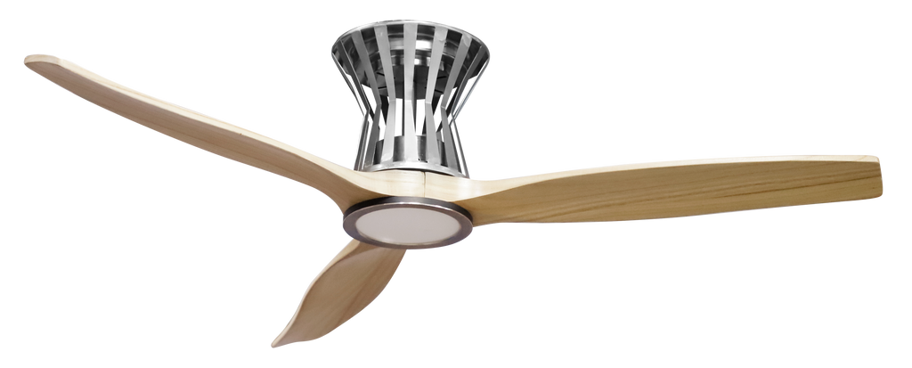 Ventilador de techo Baltir Atena, modelo Abrila en acabado níquel/haya. Disponible con motor DC, LED integrado, mando a distancia y temporizador. Ideal para salón o dormitorio, combina diseño moderno con materiales como metal, madera y cristal para un acabado elegante y duradero.