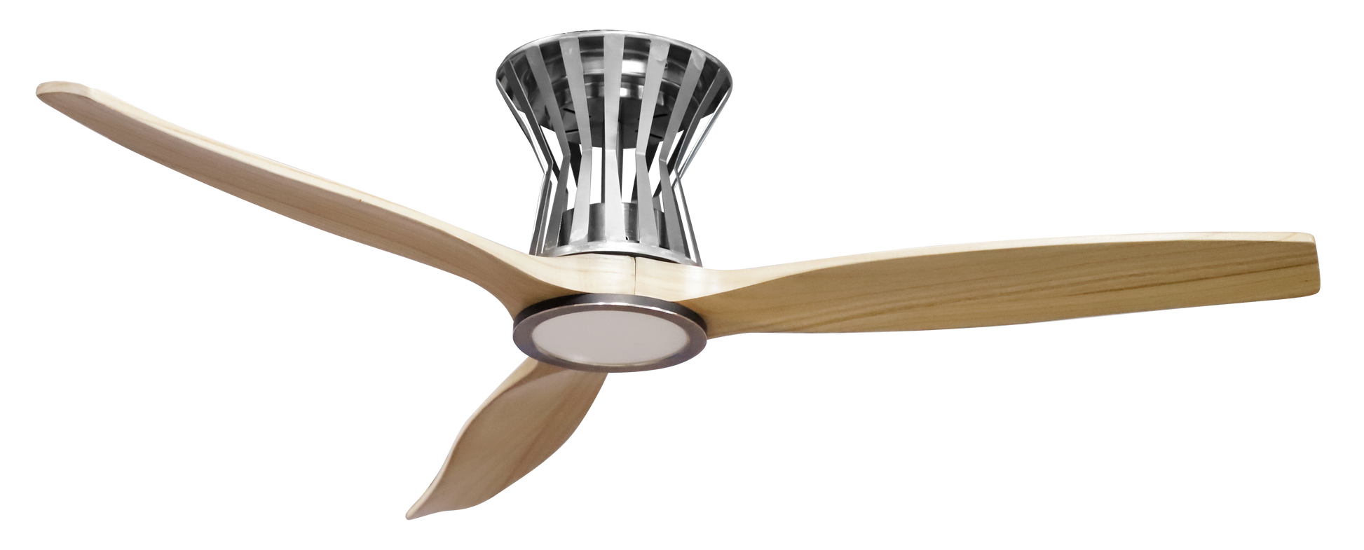Ventilador de techo Baltir Atena, modelo Abrila en acabado níquel/haya. Disponible con motor DC, LED integrado, mando a distancia y temporizador. Ideal para salón o dormitorio, combina diseño moderno con materiales como metal, madera y cristal para un acabado elegante y duradero.