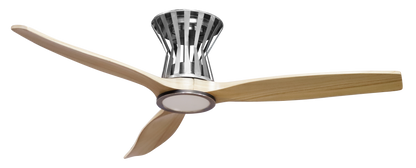 Ventilador de techo Baltir Atena, modelo Abrila en acabado níquel/haya. Disponible con motor DC, LED integrado, mando a distancia y temporizador. Ideal para salón o dormitorio, combina diseño moderno con materiales como metal, madera y cristal para un acabado elegante y duradero.