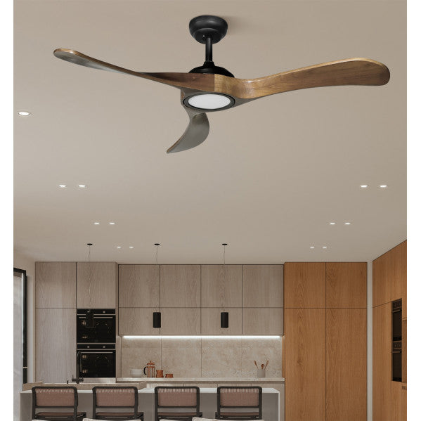 `alt=Ventilador de techo Castelo negro y roble Abrila, modelo 212091309, con LED integrado y regulable de luz DC silencioso, ideal para interiores domésticos`.