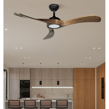 `alt=Ventilador de techo Castelo negro y roble Abrila, modelo 212091309, con LED integrado y regulable de luz DC silencioso, ideal para interiores domésticos`.