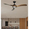 `alt=Ventilador de techo Castelo negro y roble Abrila, modelo 212091309, con LED integrado y regulable de luz DC silencioso, ideal para interiores domésticos`.