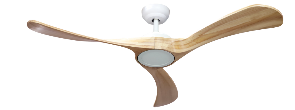 alt=Ventilador de techo Castelo Blanco/Haya de Abrila, 18W, con LED integrado, regulable en intensidad y temporizador remoto, ideal para salón o dormitorio