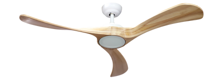 alt=Ventilador de techo Castelo Blanco/Haya de Abrila, 18W, con LED integrado, regulable en intensidad y temporizador remoto, ideal para salón o dormitorio