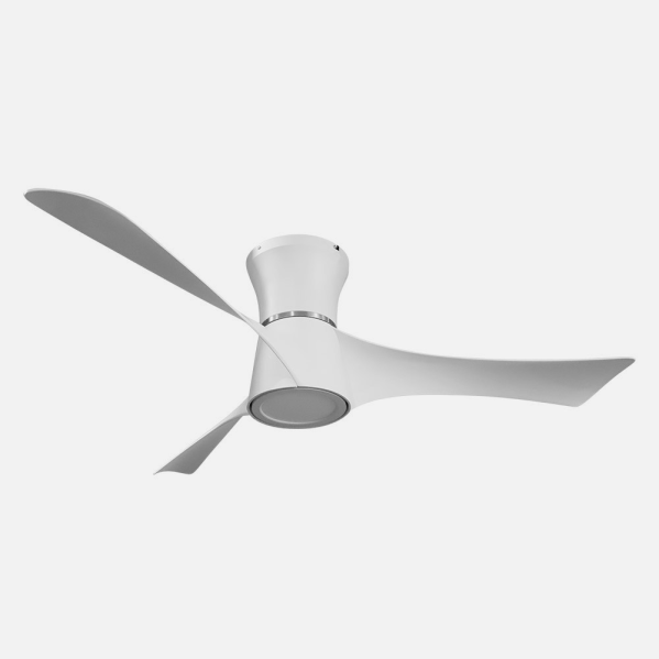 `alt=Ventilador de techo DC Tianas Blanco 18w Abrila. Válido para interiores domésticos con motor DC, LED integrado, regulable y temporizador. Dimensiones 132cm. Artículo 212191301.`