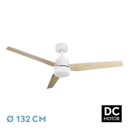 alt=Ventilador de techo Captus con motor DC y luz LED integrada en blanco, modelo 212391368 de Abrila con 3 aspas reversibles y temporizador, perfecto para interiores.
