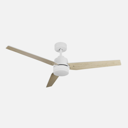 Ventilador de techo Captus 22W de Abrila, color blanco con tres aspas reversibles, ideal para interiores domésticos. Diseño en haya, con temporizador y mando a distancia. Incluye motor DC y LED integrado para una ilusión precisa y luz suave.