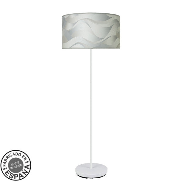 Pie de salón moderno Moda de Abrila en blanco y ola gris, 163x40x40 cm, 1xE27, iluminación difusa para salón interior, metal y textil, fabricado en España.