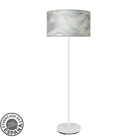 Pie de salón moderno Moda de Abrila en blanco y ola gris, 163x40x40 cm, 1xE27, iluminación difusa para salón interior, metal y textil, fabricado en España.