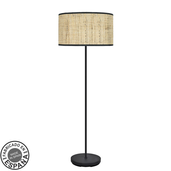 Lámpara de pie salón Moda negra con cañizo oscuro Abrila 163x40x40 cm, diseño boho chic moderno en metal y textil para decoración interior