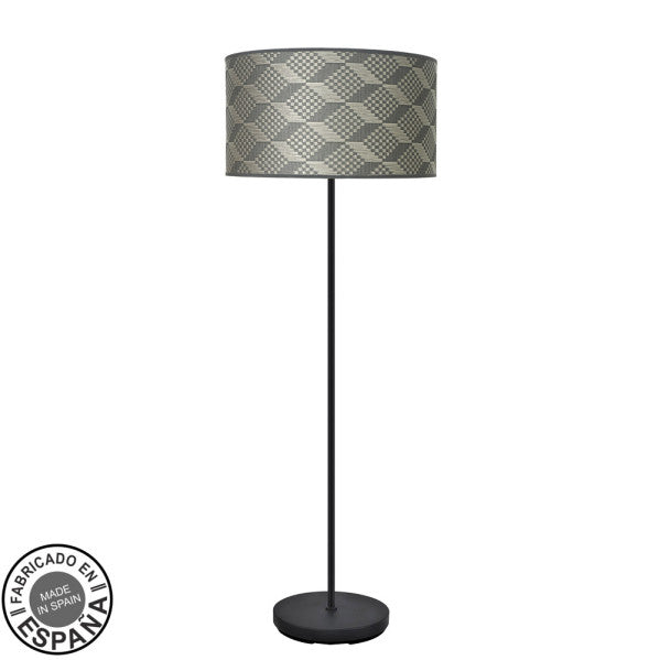 Lámpara de pie salón Abraila Moda negro con base Tetris gris, 163x40x40 cm, diseño moderno boho chic en metal y textil para decoración e iluminación interior