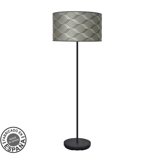 Lámpara de pie salón Abraila Moda negro con base Tetris gris, 163x40x40 cm, diseño moderno boho chic en metal y textil para decoración e iluminación interior