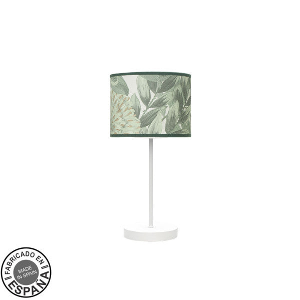 Lámpara de sobremesa Moda Abrila 1xE14 en blanco y hoja verde, diseño moderno boho-chic con metal y textil, 42x17x17cm para decoración interior doméstica