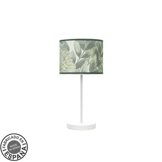 Lámpara de sobremesa Moda Abrila 1xE14 en blanco y hoja verde, diseño moderno boho-chic con metal y textil, 42x17x17cm para decoración interior doméstica