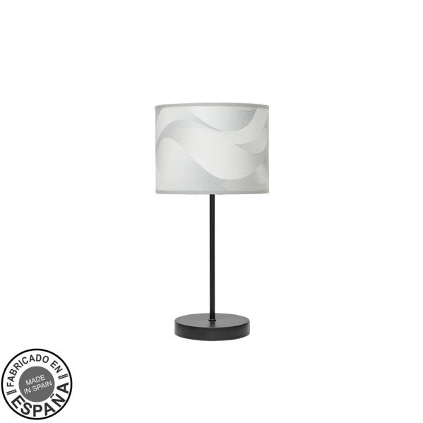 Lámpara de sobremesa Moda negra con pantalla ola gris de Abrila, diseño boh chic minimalista industrial en metal y textil, 42x17x17cm