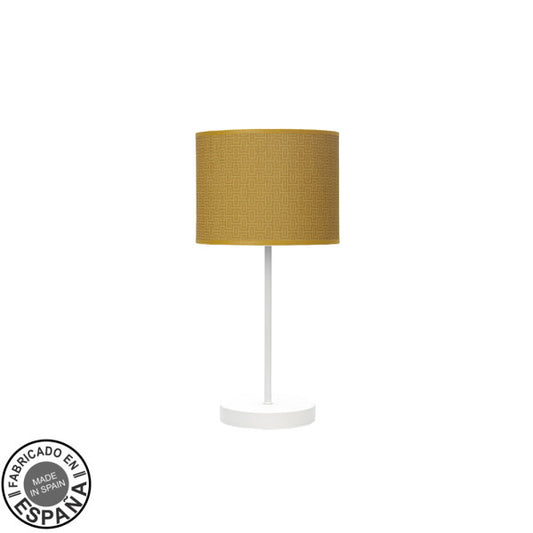 Lámpara de sobremesa Moda en blanco y amarillo de Abrila, diseño minimalista boho chic en metal y textil para decoración de interiores domésticos.