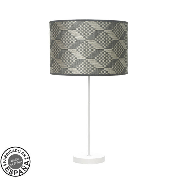 Lámpara sobremesa Alto Moda blanco y Tetris gris de Abrila, diseño moderno en metal textil para decoración interior doméstico, casquillo E27, fabricado en España