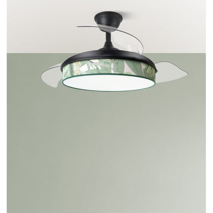 `alt=Ventilador de techo DC Moda 72W Negro/Verde de Abrila con aspas retráctiles, iluminación ajustable y LED integrado, ideal para interiores domésticos en verano e invierno`