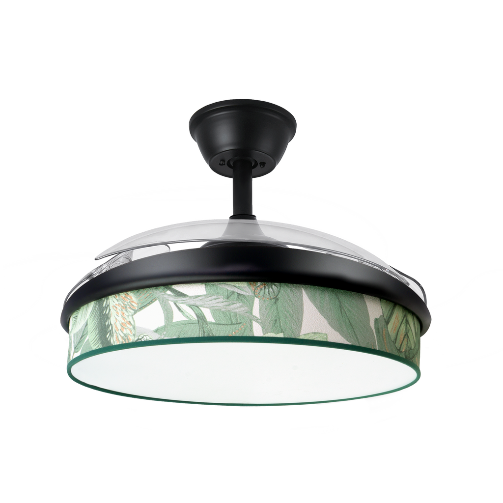 `alt=Ventilador de techo DC Moda 72W Negro/Verde de Abrila con aspas retráctiles y LED integrado, ideal para interiores domésticos en verano e invierno`