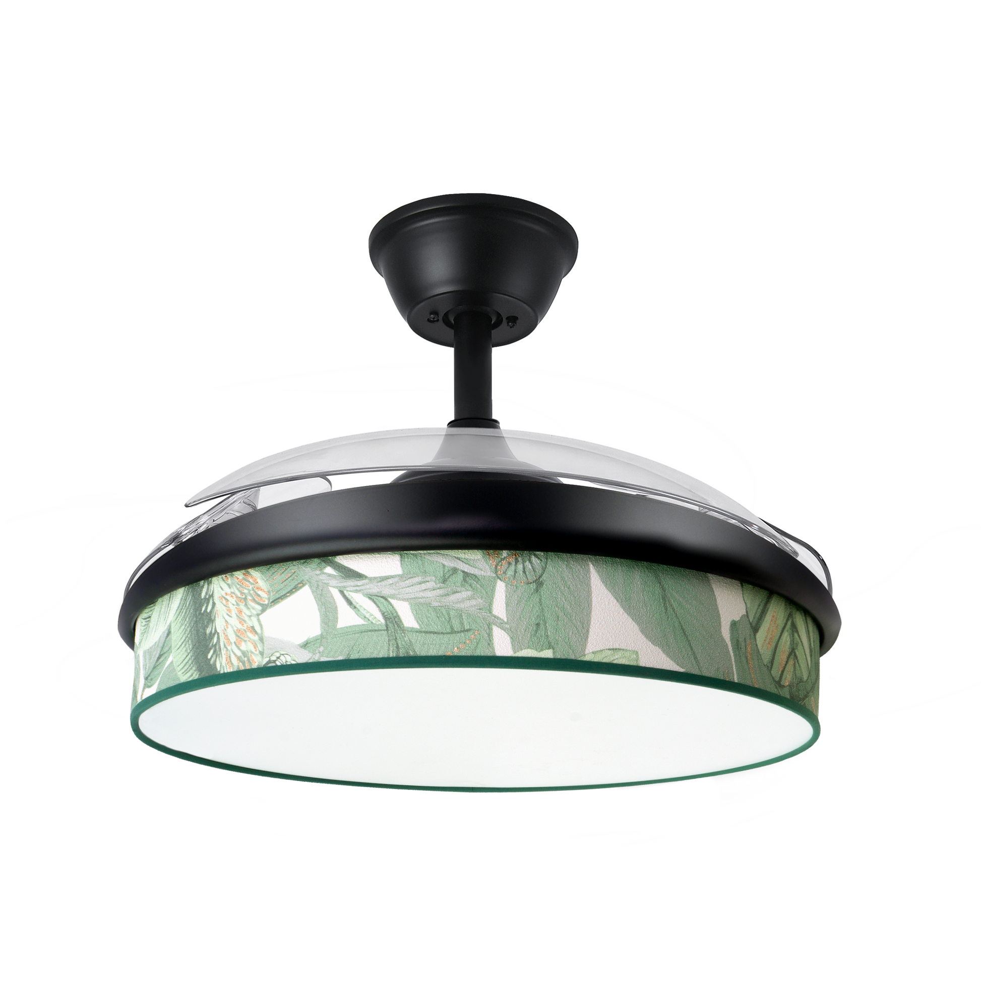 `alt=Ventilador de techo DC Moda 72W Negro/Verde de Abrila con aspas retráctiles y LED integrado, ideal para interiores domésticos en verano e invierno`