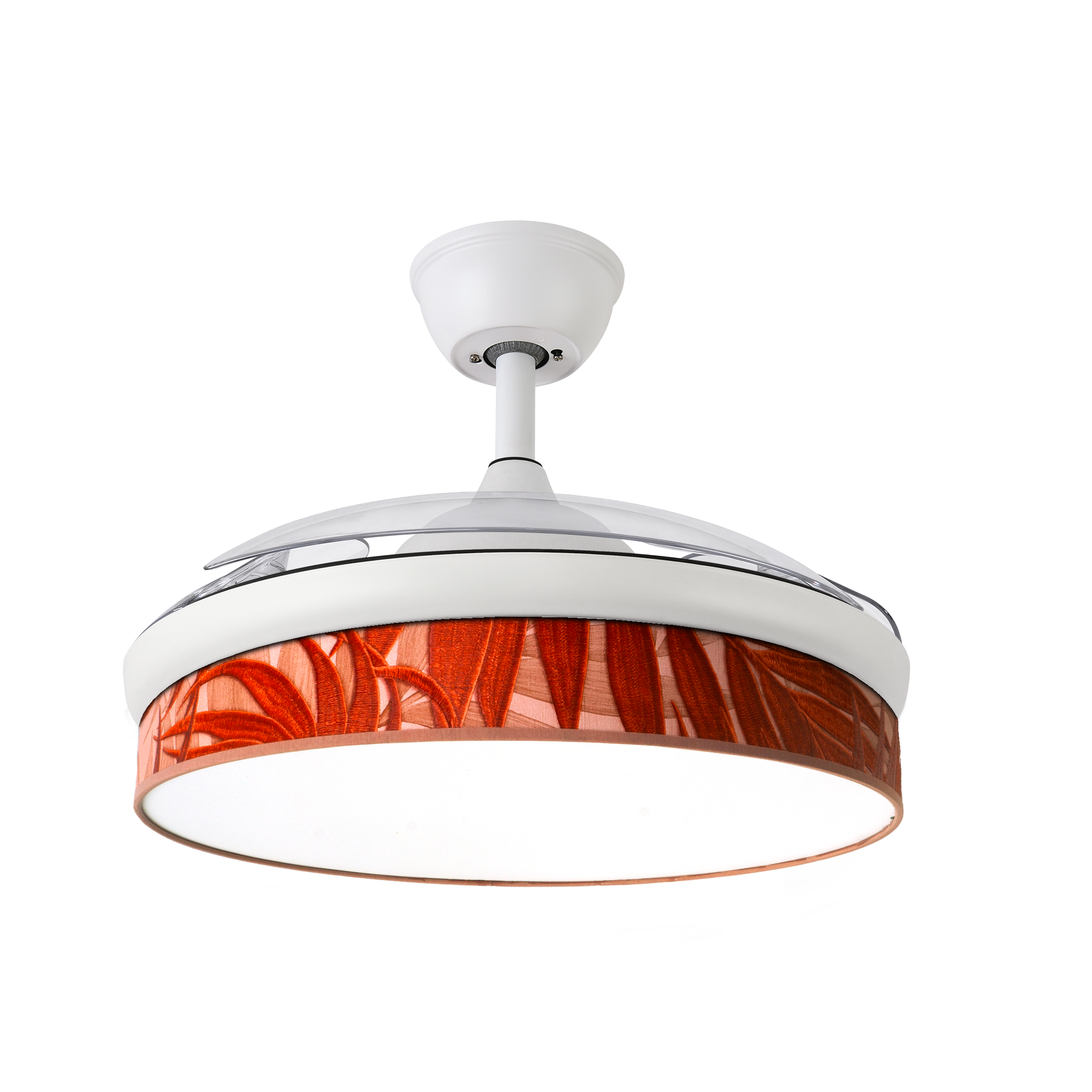 `alt=Ventilador de techo DC Moda 72W blanco de Abrila con aspas retráctiles, iluminación LED ajustable de 3000K a 6000K, mando a distancia y motor DC para ventilación interior`