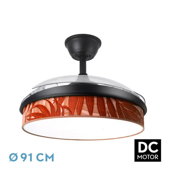 Ventilador de techo DC Moda 72W Negro de Abrila con aspas retráctiles, ideal para interiores domésticos. Incluye luz LED integrada con ajuste de intensidad, perfecto para ventilación en verano e invierno. Diseño elegante en color negro, modelo 212480209.