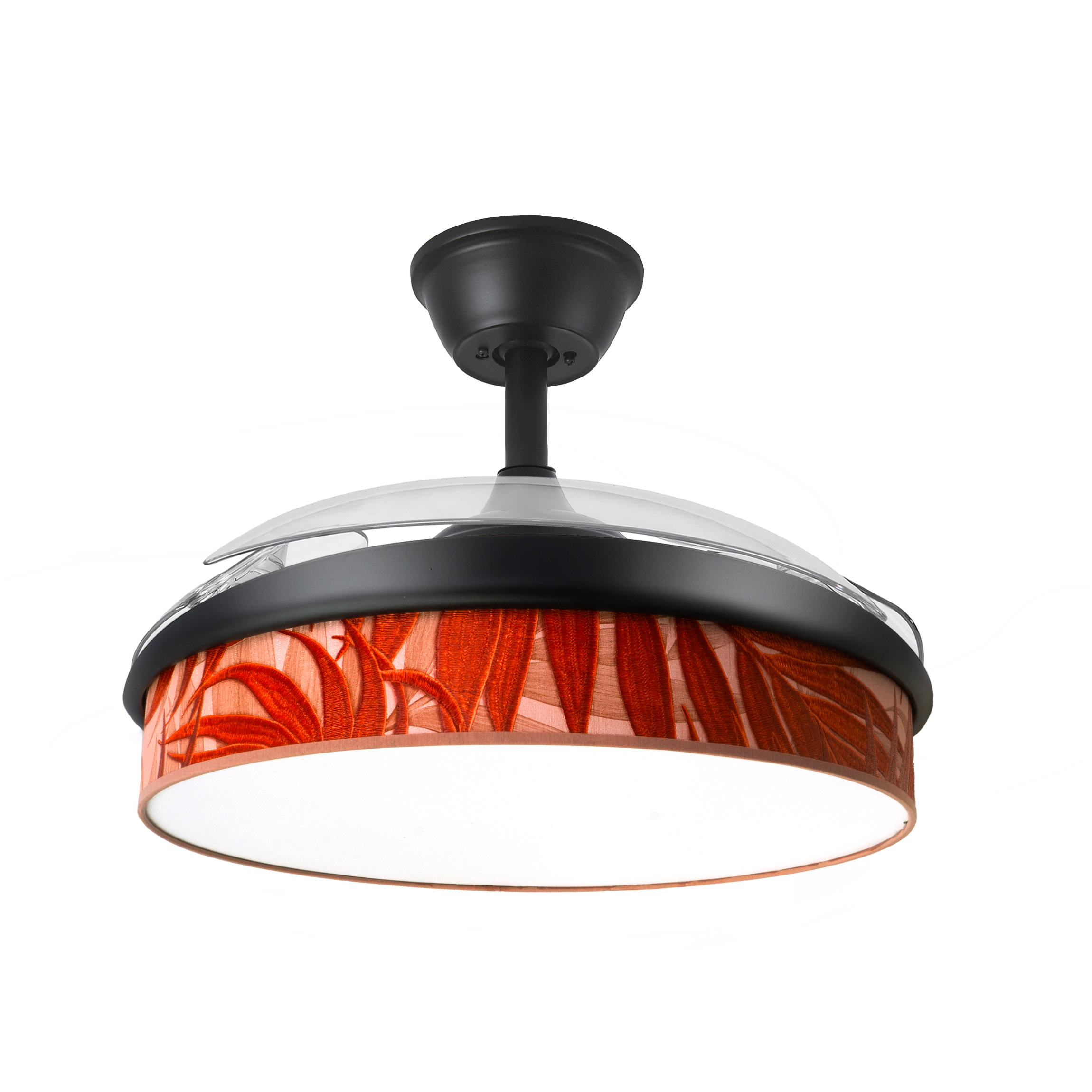 Ventilador de techo DC Moda 72W Negro de Abrila con aspas retráctiles y luz LED ajustable, ideal para interiores domésticos, proporcionando ventilación eficiente tanto en verano como en invierno.