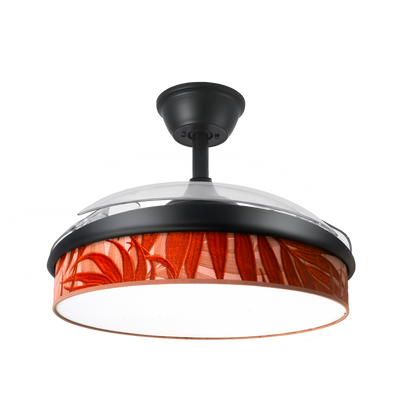 Ventilador de techo DC Moda 72W Negro de Abrila con aspas retráctiles y luz LED ajustable, ideal para interiores domésticos, proporcionando ventilación eficiente tanto en verano como en invierno.