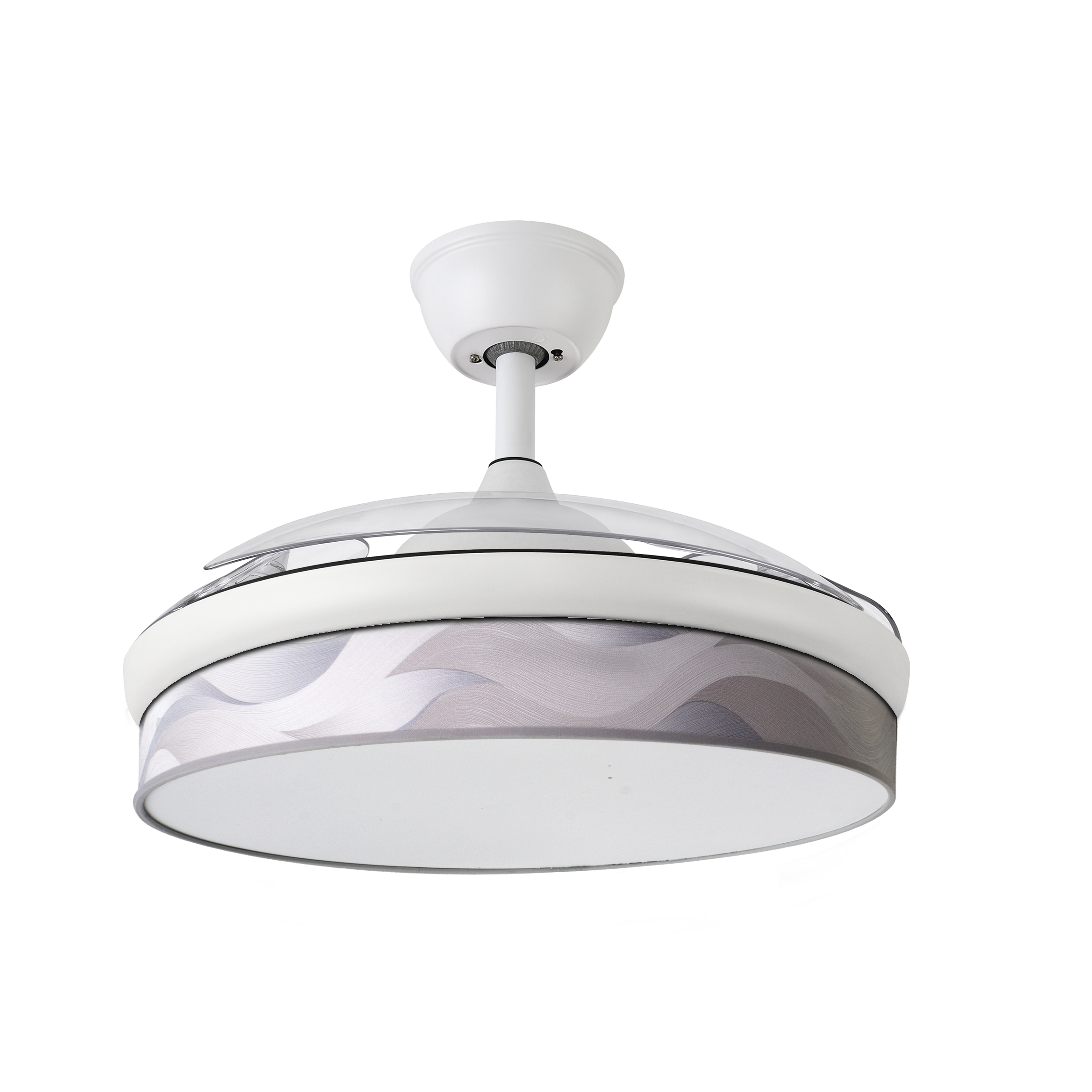 Ventilador de techo DC Moda 72W en color blanco con detalles en ola gris, modelo Abrila 212480301. Diseño elegante con aspas retráctiles y motor DC eficiente. Incluye iluminación LED integrada con 7200 lúmenes, control remoto y temporizador. Ideal para uso doméstico en interiores.