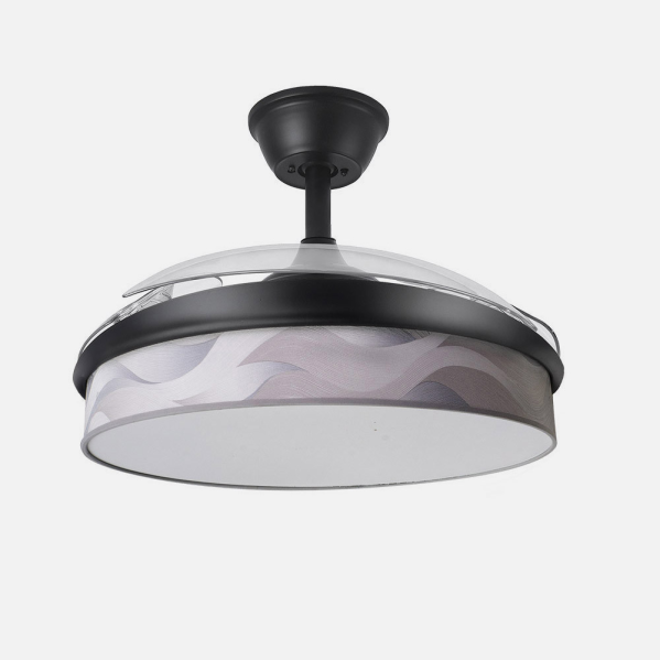 Ventilador de techo DC Moda 72W en colores negro y ola gris, modelo Abrila 212480309, con motor DC eficiente y aspas retráctiles para un diseño elegante y funcional. Incluye iluminación LED regulable y es ideal para uso interior doméstico, proporcionando ventilación eficiente tanto en verano como en invierno.