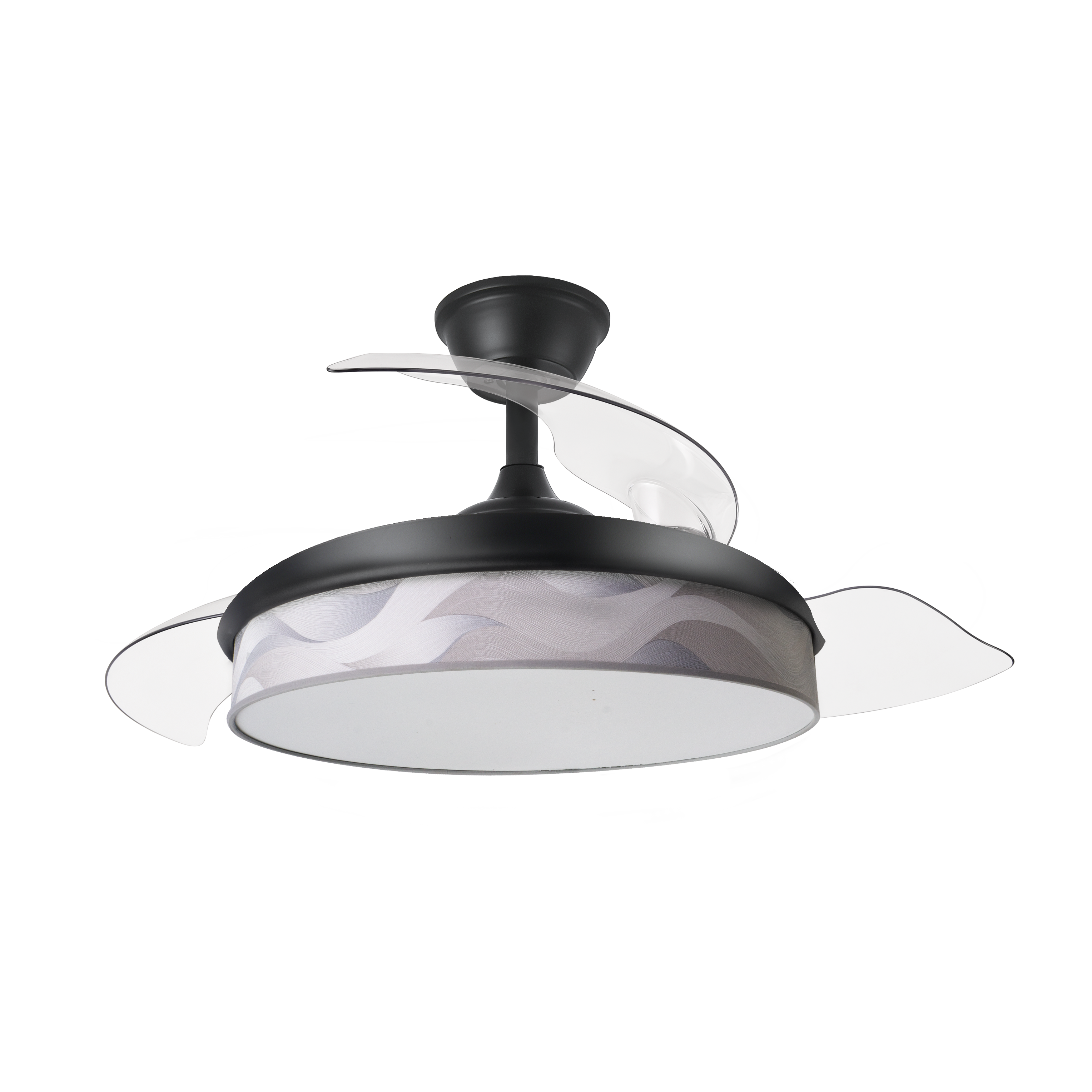 Ventilador de techo DC Moda 72W en color negro con detalles en ola gris de la marca Abrila. Este ventilador cuenta con aspas retráctiles, iluminación regulable y LED integrado, ideal para uso interior doméstico. Su motor DC permite una ventilación eficiente tanto en verano como en invierno. Modelo 212480309.