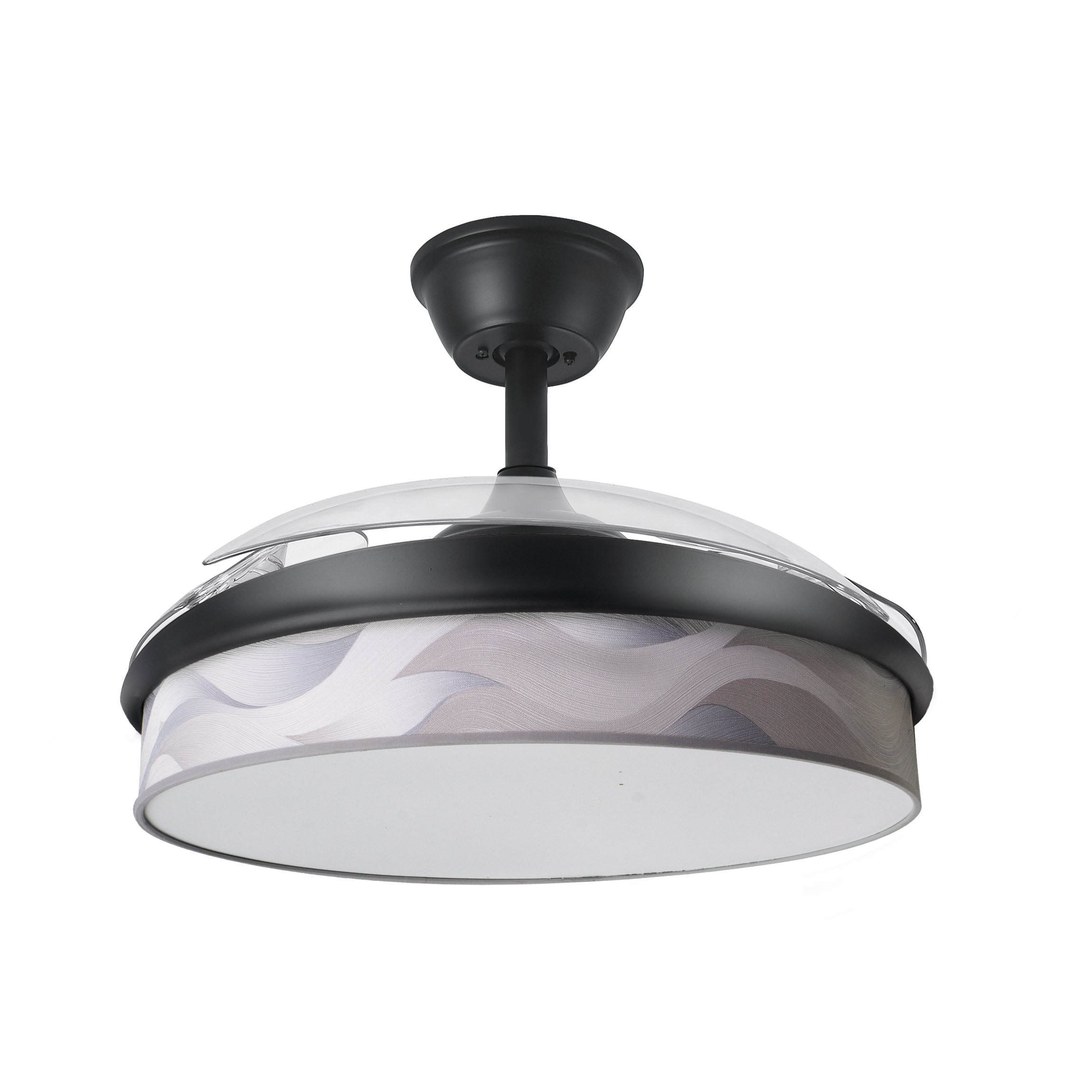 `alt=Ventilador de techo DC Moda 72W Negro/Ola Gris de Abrila con aspas retráctiles, iluminación regulable y LED integrado para uso interior doméstico en verano e invierno`