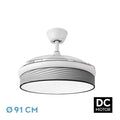 Ventilador DC Moda 72W Blanco/Gris de Abrila, modelo 212480401. Diseño moderno con aspas retráctiles y LED integrado, ideal para interiores domésticos. Motor DC eficiente y surco gris para un estilo elegante. Perfecto para ventilación en verano e invierno.
