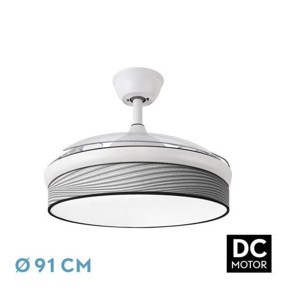 Ventilador DC Moda 72W Blanco/Gris de Abrila, modelo 212480401. Diseño moderno con aspas retráctiles y LED integrado, ideal para interiores domésticos. Motor DC eficiente y surco gris para un estilo elegante. Perfecto para ventilación en verano e invierno.