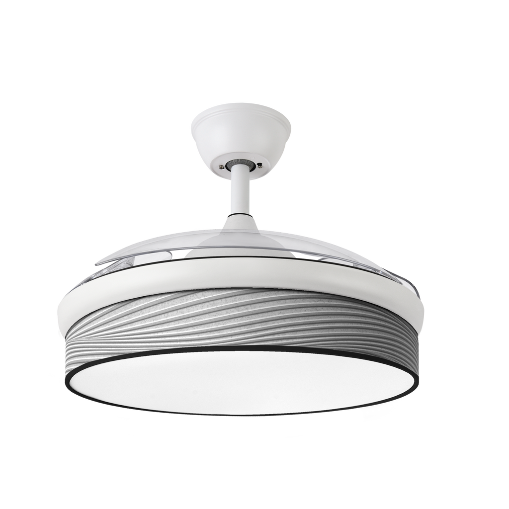 Ventilador DC Moda 72W Blanco/Gris con aspas retráctiles y LED integrado de Abrila, modelo 212480401, perfecto para ventilación en interiores domésticos durante todo el año.