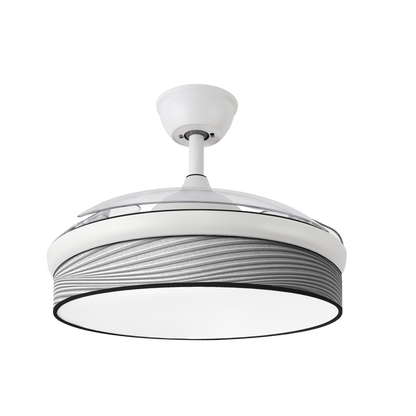 Ventilador DC Moda 72W Blanco/Gris con aspas retráctiles y LED integrado de Abrila, modelo 212480401, perfecto para ventilación en interiores domésticos durante todo el año.