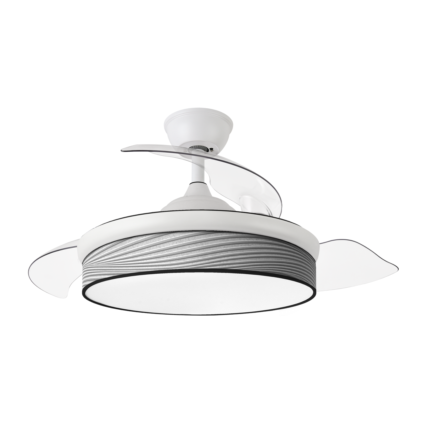 Ventilador DC Moda 72W Blanco/Gris de Abrila, modelo 212480401. Diseño elegante con aspas retráctiles y surco gris. Ideal para interiores domésticos. Funciona con motor DC eficiente y silencioso. Incluye LED integrado para iluminación adicional. Perfecto para ventilación en verano e invierno. Color blanco y gris, combinando estilo y funcionalidad.